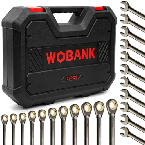 22-Piece Ratcheting Wrench Set, Ratchet Combination Wrenches Set with Organizer Box, Metric 8-19mm and SAE 1/4" to 3/4" Size, 12 Points 72-Teeth, Nickel Plating - size: Regular