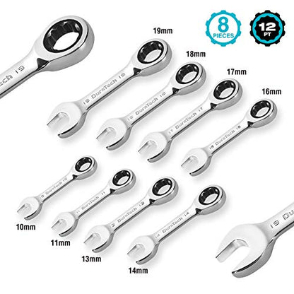 DURATECH Stubby Ratcheting Combination Wrench Set, Metric, 8-piece | 10mm, 11mm, 13mm, 14mm, 16mm, 17mm, 18mm, 19mm, CR-V Steel, With Pouch - size: Metric