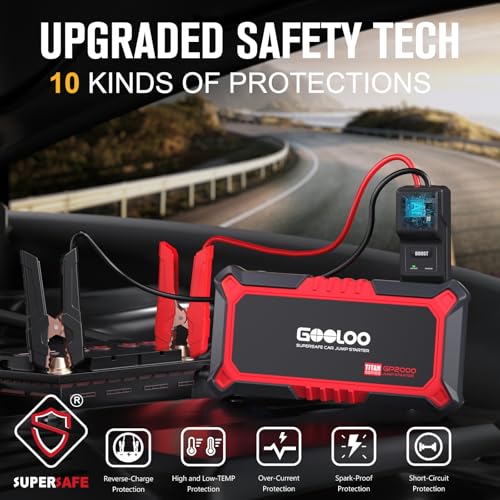 GOOLOO New GP2000 Jump Starter, 12V 2000A Car Jumper Starter(Up to 8.0L Gas, 6.0L Diesel Engines), SuperSafe Portable Battery Charger, Auto Lithium Box Booster Pack with USB Quick Charge, red - color: Red