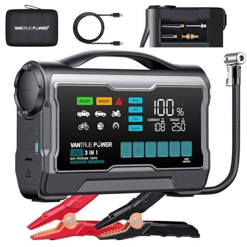 JS2 2500A Jump Starter with 160PSI Air Compressor, 12V Car Battery Booster with Display, Support 65W Charging Power Bank, Nozzles Storage Compartment- for 8L Gas/7L Diesel Engines - color: Light Grey