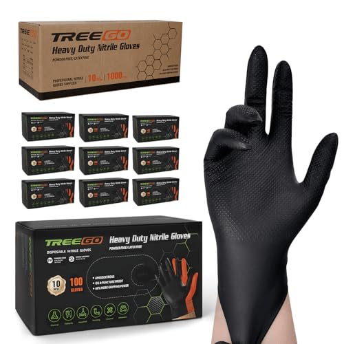 TREEGO Black 10 Mil Diamond Grip Nitrile Gloves Case, Medium, 1000 Count | Latex Free, Professional Grip for Equipment Maintenance, Automotive Repair, Facility Operations & Workshop Supply - color: 1000 Black, size: Medium