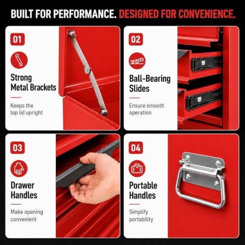 ARNOT Large Metal Tool Box, Tool Box with 6 Drawers & Top Tray, Heavy-Duty Steel Tool Chest with Auto-Locking Drawers and Side Handles for Garage & Workbench, Red - color: Red