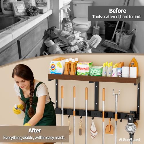Broom and Mop Organizer Wall Hanging, Broom Hanger Holder Wall Mount | 3-in-1 mop and broom holder wall mount with 5 racks,5 hooks, storage shelf & vacuum organizer for garage,kitchen,laundry room
