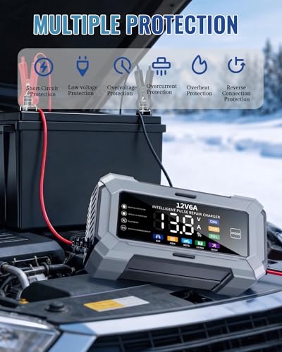 Car Battery Charger Automatic Trickle Charger and Battery Maintainer with Pulse Repair Digital Display Trickle Charger for Car Battery 12V6A Auto Battery Charger for AGM Motorcycle LiFePO4 Batteries - color: Gray
