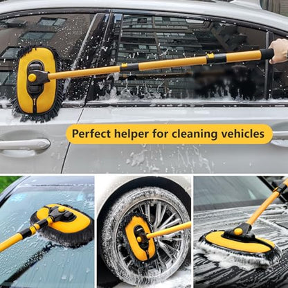 Car Wash Brush with Long Handle, 15°Curved Car Cleaning Brush with Replaceable Head Cover, Truck Washing Brushwith Telescopic Handle Wash Mop Kit 5PCS - color: Yellow