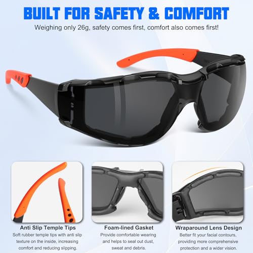 OXG Safety Glasses for Men, ANSI Z87.1 Anti-Fog Impact Resistant Protective Eyewear, Foam Gasket, UV400 Protection - color: 3-black-orange