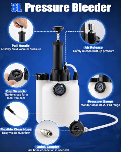 3L Brake Fluid Bleeder Kit w/ 1L Waste Oil Bottle, Automotive Power Bleeding Tool for Flush Brakes, Pressure Brake Bleeder for Clutch System, Includes 43.5/45/49.5/50.7mm Master Cylinder Caps | Pressurized System, One-man Brake Bleeding at Home