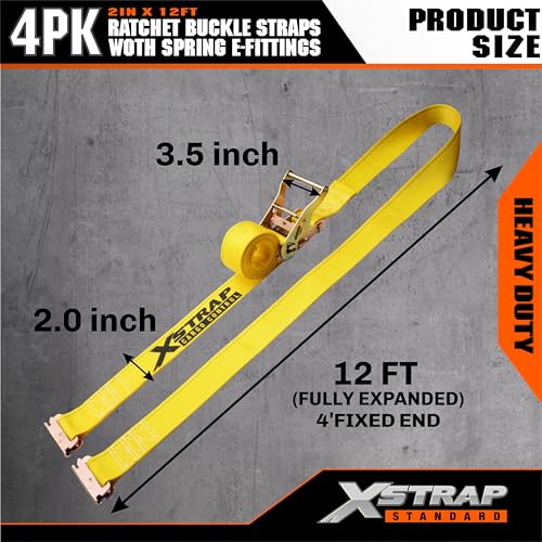 XSTRAP STANDARD 4-PK 2" x 12' E-Track Heavy Duty Ratchet Tie Down Straps | 4,400lbs Break Strength Cargo Securement Straps for Trailers, Trucks, Vans & Motorcycles with Spring Fittings (Yellow) - size: Yellow-4PK-12FT