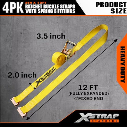 XSTRAP STANDARD 4-PK 2" x 12' E-Track Heavy Duty Ratchet Tie Down Straps | 4,400lbs Break Strength Cargo Securement Straps for Trailers, Trucks, Vans & Motorcycles with Spring Fittings (Yellow) - size: Yellow-4PK-12FT