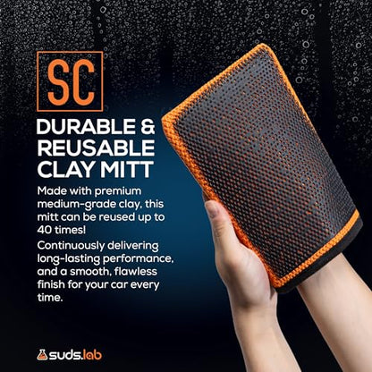 Suds Lab SC Synthetic Clay Mitt for Car Detailing – Reusable Clay Bar Mitt to Remove Paint Overspray, Water Spots, Tree Sap & Rail Dust from Paint, Glass & Plastic