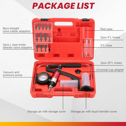 DASBET 21PCS Hand Held Vacuum Pressure Pump Tester Set 2 in 1 Brake Bleeder Kit Brake Clutch Fluid Bleeder Tool Kit for Automotive with Gauge Adapters Brake System Bleeding Tools