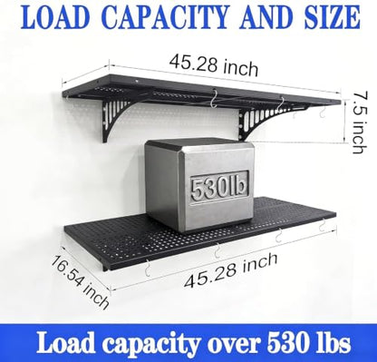2 Pack 3.8 FT x 1.4 FT Heavy Duty Garage Wall Shelving, 530+ lbs Load Capacity per Shelf Wall Mounted Storage Shelf, Metal Garage Shelving with Hooks, Black (2 Pack)