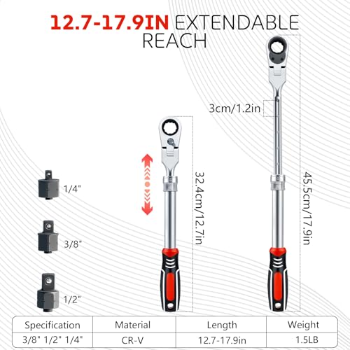 Extendable Ratchet Wrench Set, 72-Tooth Long Socket Wrench Ratchet with 1/4" 3/8" 1/2" Socket Drive Adapat, 180° Flex-Head Ratcheting Set with Soft Grip Handle for Men Mechanic Hand Tools