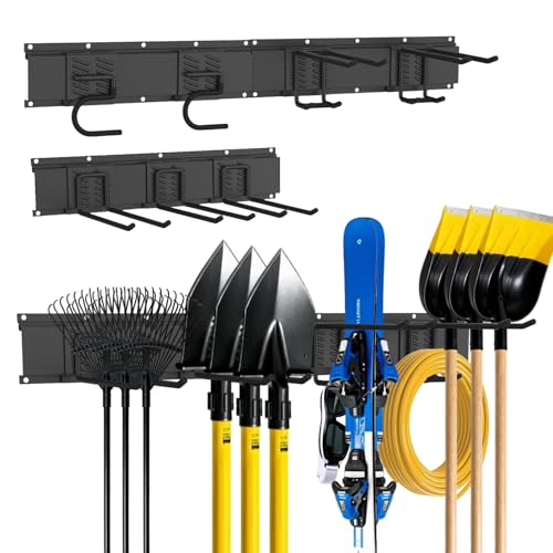 Garage Tool Organizer Wall Mount, Easy to 48inch Install Heavy-Duty Garage Storage System with 7 Adjustable Hooks, Garden Tool Rack for Shovels, Rakes, Yard Tools - size: 48" System - 7 Piece Set