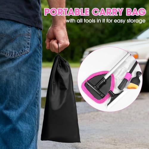 Pink Windshield Cleaner Tool, Car Interior Cleaning Kit with Extendable Handle and 3 Reusable Microfiber Pads, Auto Glass Wiper and Detailing Brush Kit for Car & Home Window - color: Rose Pink