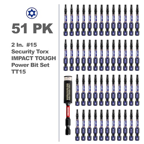 Geinxurn 2 In. Security T15 Impact Magnetic Screwdriver Bit Set, 51 Pieces #15 Torx Head Power Bit Set, S2 Alloy Steel Hollow Star Bit Set with 1 Pcs Impact Bit Holder - size: 2"-51PCS, style: TT15
