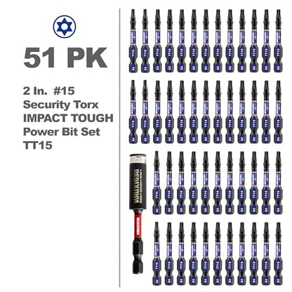 Geinxurn 2 In. Security T15 Impact Magnetic Screwdriver Bit Set, 51 Pieces #15 Torx Head Power Bit Set, S2 Alloy Steel Hollow Star Bit Set with 1 Pcs Impact Bit Holder - size: 2"-51PCS, style: TT15