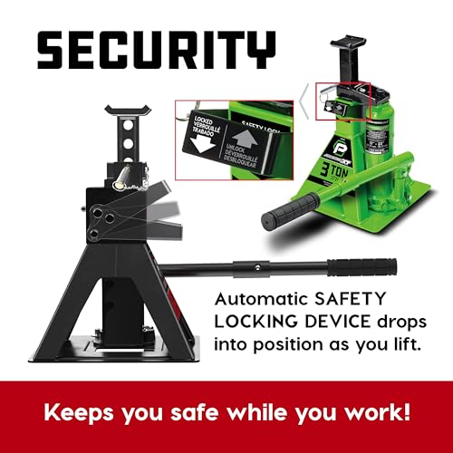 POWERBUILT 3 Ton All-in-One Hydraulic Bottle Jack and Jackstand in One, Compact, Wide Base, 11-21 Inch Range, Eliminates Jackstands, for Trucks, SUVs, RVs, Trailers, ASME, Not for Sedans - 640912 - color: green