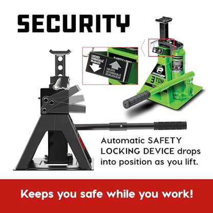 POWERBUILT 3 Ton All-in-One Hydraulic Bottle Jack and Jackstand in One, Compact, Wide Base, 11-21 Inch Range, Eliminates Jackstands, for Trucks, SUVs, RVs, Trailers, ASME, Not for Sedans - 640912 - color: green