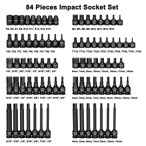 CASOMAN 84 Pieces 3/8" Dr. Master Hex & Torx Bit Impact Socket Set, CR-MO, SAE/Metric, Impact Grade, 3/8" Drive Allen Bit Socket Set