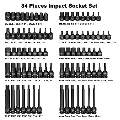 CASOMAN 84 Pieces 3/8" Dr. Master Hex & Torx Bit Impact Socket Set, CR-MO, SAE/Metric, Impact Grade, 3/8" Drive Allen Bit Socket Set