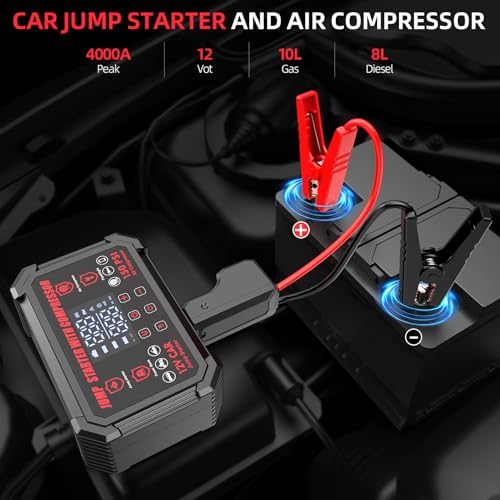 Jump Starter with Air Compressor, 4000A Peak Portable Car Battery Jumper Starter with 150PSI Auto-Shutoff Tire Inflator, 12V Car Jump Box with LED Light&LED Display All Gas /10L Diesel,Motorcycle
