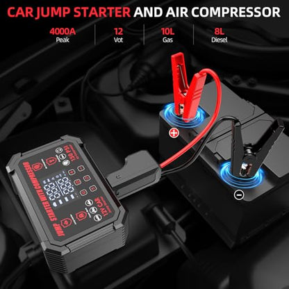 Jump Starter with Air Compressor, 4000A Peak Portable Car Battery Jumper Starter with 150PSI Auto-Shutoff Tire Inflator, 12V Car Jump Box with LED Light&LED Display All Gas /10L Diesel,Motorcycle