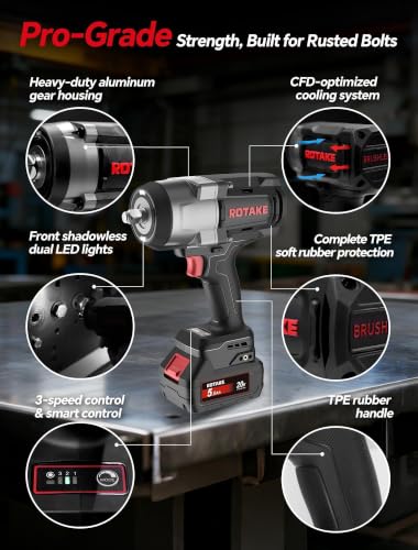 ROTAKE 20V Heavy-Duty 1/2" Cordless Impact Wrench Kit, 1380 FT-LBS, TB3 | 5.0Ah Battery, Professional Brushless Motor, 3-in-1 Unibody Hammer Housing, Soft Start, 4A Rapid Charger, Hard Carrying Case - size: 1/2" (1380 ft-lbs) TB3