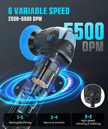 Mini Polisher, 2inch/ 3inch 750W with 12mm Random Orbital for Car Detailing | Mini Da Polisher with 16pcs Trapezoidal Polisher Pads, 6 Variable Speed 2000-5500OPM, 16.4 ft Cord Heavy Duty Polisher