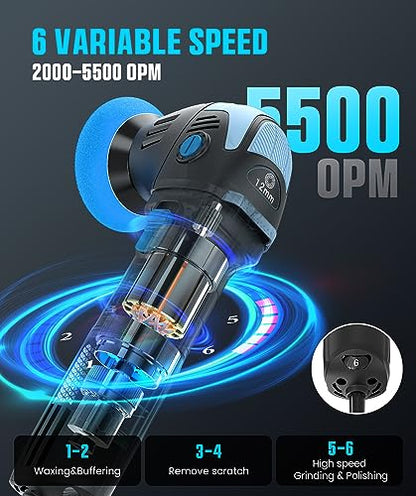 Mini Polisher, 2inch/ 3inch 750W with 12mm Random Orbital for Car Detailing | Mini Da Polisher with 16pcs Trapezoidal Polisher Pads, 6 Variable Speed 2000-5500OPM, 16.4 ft Cord Heavy Duty Polisher