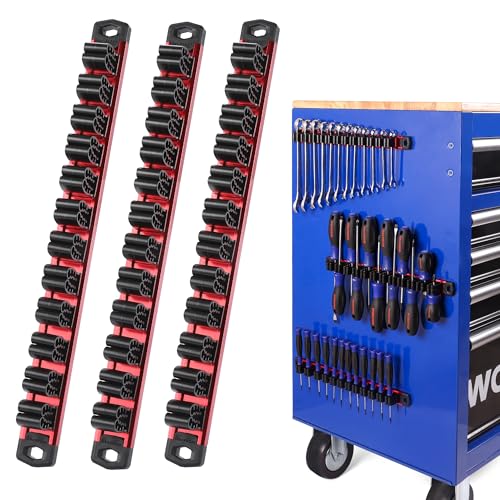 WORKPRO Magnetic Screwdriver and Wrench Organizer Set, 36-Slot Tool Holders | 3-Pack Aluminum Rails, Magnetic Force, Flexible High-Tension Tool Clips, For Tool Box Drawer & Wall-Mount Storage - color: Red, size: 3 Pack