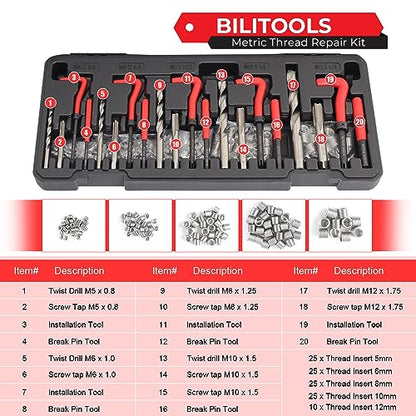 BILITOOLS Helicoil Thread Repair Kit Metric | 131-Piece Heli Coil Kit M5 M6 M8 M10 M12, including 4241 HSS Drill & Tap, 304 Stainless thread inserts - size: M5 - M12, style: Metric, 131 Piece,