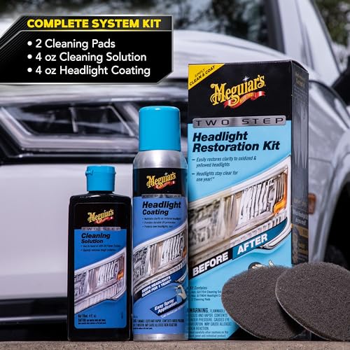 Meguiar's Two Step Car Headlight Restoration Kit, Headlight Cleaner Restores Clear Car Plastic and Protects from Re-Oxidation, Includes Coating and Cleaning Solution - 4 Count (1 Pack) - style: 2- Step Headlight Kit
