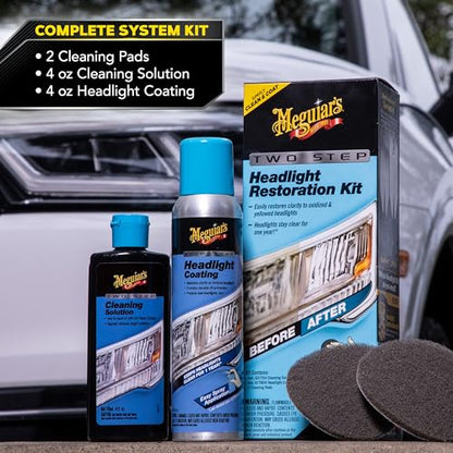 Meguiar's Two Step Car Headlight Restoration Kit, Headlight Cleaner Restores Clear Car Plastic and Protects from Re-Oxidation, Includes Coating and Cleaning Solution - 4 Count (1 Pack) - style: 2- Step Headlight Kit