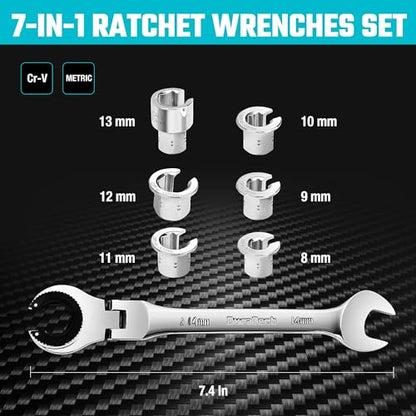 DURATECH 7-In-1 Ratcheting Wrench Set with Open Flex-head | Metric Ratcheting Tubing Wrench Set, 8-14mm, 72-Tooth Gear, CR-V Steel, with Tool Box, Gifts for Men