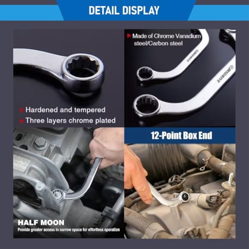 Half Moon Box Wrench Set Metric, 8-22mm, 5-Piece C-Style Combination wrenches, 12 Point, CR-V Steel, Organized in Rolling Pouch, Mirror Finish Elliptical Panel