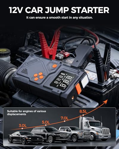 Jump Starter with Air Compressor, 12V Portable Car Battery Jumper Starter with 150PSI Tire Inflator, Emergency Power Bank for 8.5L Gas and 6.5L Diesel Engines