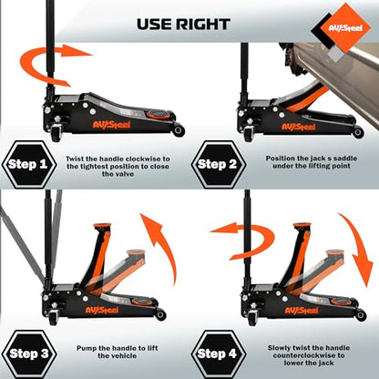 AV Steel Low Profile Floor Jack 3 Ton (6600 lbs), Heavy Duty Hydraulic Jack for Car, Heavy-Duty Floor Jack with Dual Pistons Quick Lift Pump, Car Floor Jack with Lifting Range 3-1/8'' to 19-7/8''