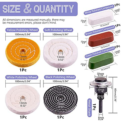 Swpeet 7Pcs 4" Buffing Polishing Wheels Polish Pad 8Pcs Kit with 3Pcs Polishing Compounds and 1/4" Drill Shank, White Cotton(50Ply)/ Yellow Cotton(36Ply)/Flannel(30Ply)/Denim Wheels for Bench Grinder - style: NO.9 Buffing Polishing Wheels