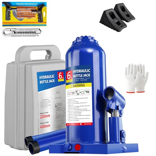 6T Bottle Jack with Tire Kit & Wheel Chock, 12,000 lbs | Welded steel jack for pickup, SUV, RV. 8.66"-16.93" lift. Chock included for safety. Portable. - color: 6 Ton with Tire Kit + Wheel Chock
