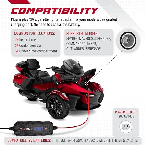 JMR 12V Battery Charger for Can-am, 12V Cig. Port, Add Lithium Mode | Trickle Charger Conditioner Maintainer For SPYDER MAVERICK DEFENDER COMMANDER RYKER OUTLANDER RENEGADE All Models - size: Add Lithium Mode
