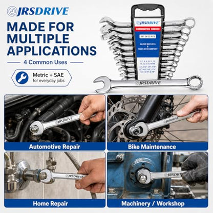 22 Piece Combination Wrench Set SAE & Metric Tool Kit CR-V Steel Mechanic Tool Set with Wrench Organizer Pro Tools for Tool Box Pipe Wrench & Torque Wrench Compatible 1/4" to 7/8" & 8-22mm