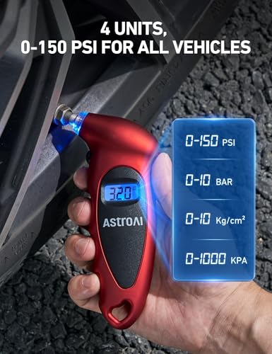 AstroAI Digital Tire Pressure Gauge 150 PSI, Industrial Tire Gauge Calibrated to ANSI B40.7 +/-1PSI, AAA Batteries, for Light Trucks, Pickup Trucks, SUVs, Cars Red, 2 Pack - color: Red, size: 2Pack