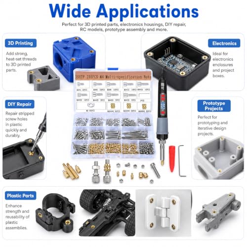 255PCS M4 Heat Set Insert Kit for 3D Printing, 60W Digital Soldering Iron with Adjustable 200-500°C Temperature, Brass Threaded Inserts, Bolts, Nuts, M4 Insert Tips for Plastic & 3D Printed Parts