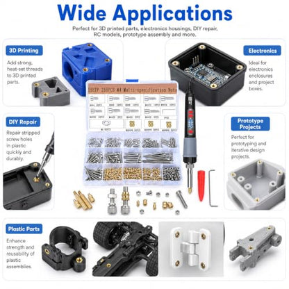 255PCS M4 Heat Set Insert Kit for 3D Printing, 60W Digital Soldering Iron with Adjustable 200-500°C Temperature, Brass Threaded Inserts, Bolts, Nuts, M4 Insert Tips for Plastic & 3D Printed Parts