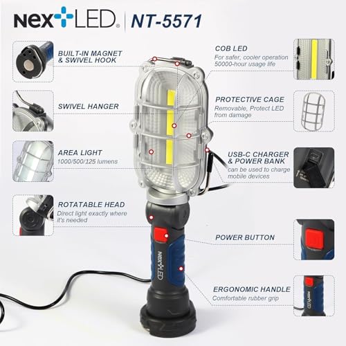 (Improved) NextLED NT-5571 Rechargeable Magnetic LED Work Light, 1000 LM Trouble Light, Cordless LED Drop Light, Mechanic Flashlight for Garage, Enhanced Magnetic Base & Hook, Automotive Tasks