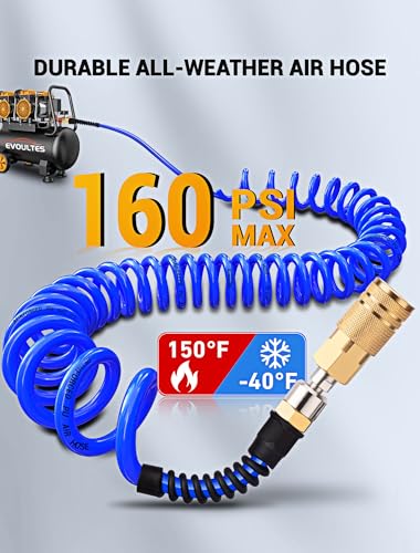 EVOULTES 1/4 In x 28 Ft Polyurethane Recoil Air Compressor Hose, Upgraded Air Hose with Repairable Bend Restrictor, Air Hose kit w/ 360° Swivel 1/4" NPT Coupler & Brass Quick Connect Air Fittings - color: Blue