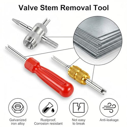 Car Tire Repair Tools Tire-Valve Core Remover Valve Stem Removal Tool Kit with 4-Way Valve Tool, 10 Pcs Valves Stem Caps, 20 Pcs Valves Cores for Cars Trucks Motorcycles Bicyclescs