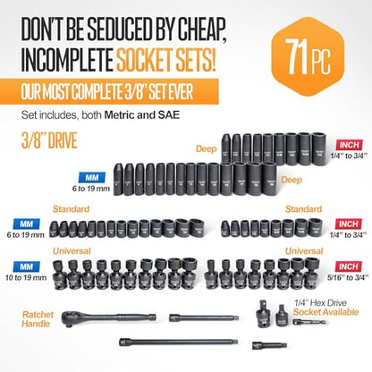 TIGHTSPOT 3/8" Drive 71pc Impact Socket Master Set Inch Metric 1/4"-3/4" 6-19mm CR-V CR-MO Universal Joint Deep Standard Sockets 90-Tooth Ratchet Extensions Heavy Duty Mechanic Tool Kit - size: 3/8" Drive 71pc Impact Socket Set