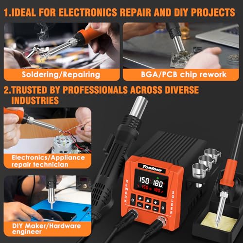 TOOLOUR 2-IN-1 851D Soldering Station, Iron Kit, 302°F-932°F Fast Heating, Hot Air Rework Desoldering Kits includes 9 Accessories, Dual Channel Control, 90-Level Airflow,ESD Save for SMD, PCB, DIY